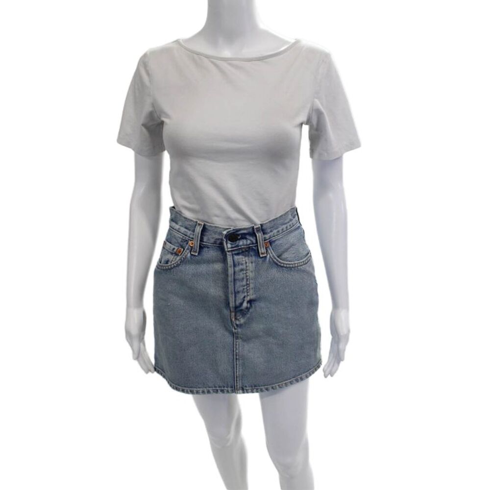 Designer Womens A-Line Mini Skirt Light Blue Cotton Short Size 26